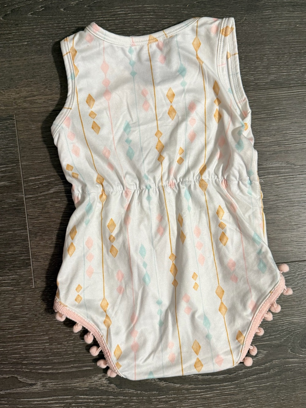Bailey's Blossoms Baby Pom Trim Romper - White with Pastel Geometric Print - Picture 2 of 3